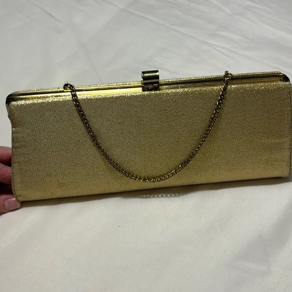 Vintage Retro Gold Clutch Bag with Metal Clasp and Chain Handbag Purse - Picture 1 of 8
